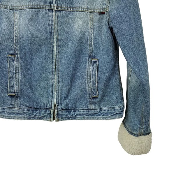 Tommy Hilfiger Kids Vintage Denim Jacket Blue Sz L Faux Sherpa Collar Cuffs Logo - Picture 11 of 13